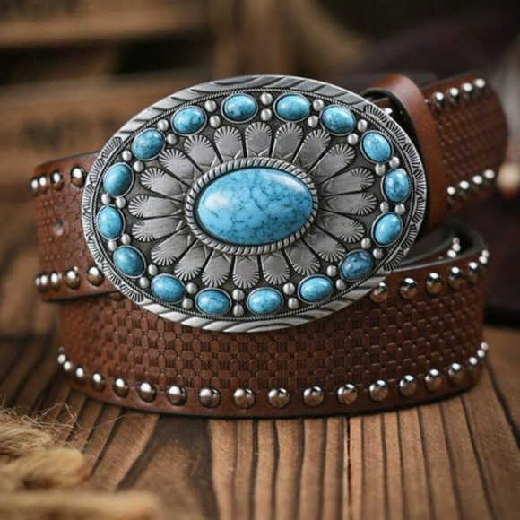 Turquoise Blue Color Accented Western Belt Buckle Silver or gold main image 4